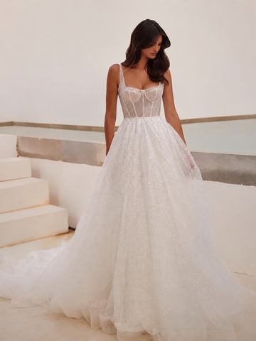 Simple Square Collar Sleeveless A-Line Wedding Dresses Glitter Crystal Spaghetti Straps Bridal Gowns Robe De Mariée