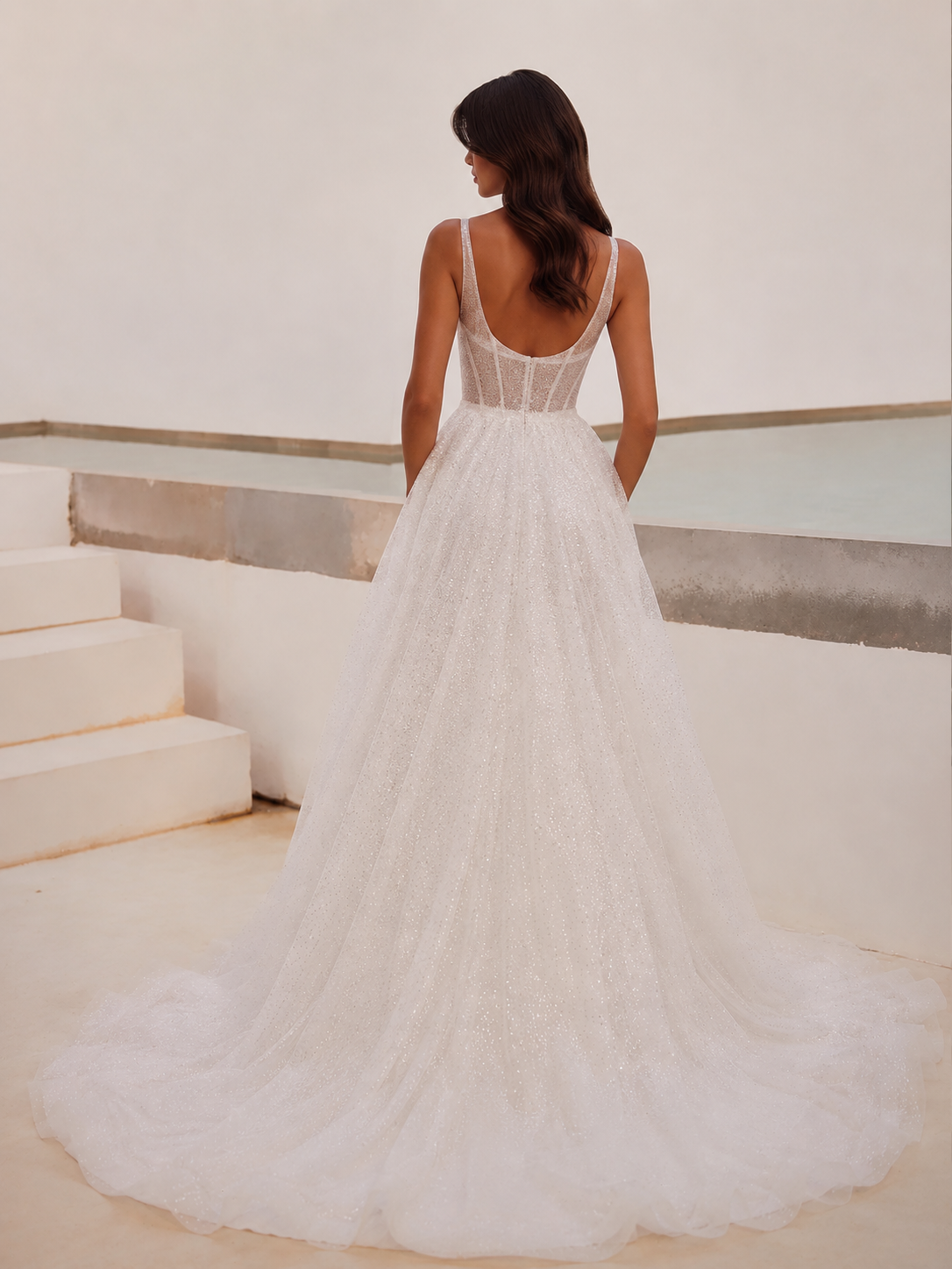 Simple Square Collar Sleeveless A-Line Wedding Dresses Glitter Crystal Spaghetti Straps Bridal Gowns Robe De Mariée
