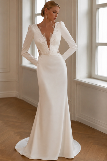 Elegant Wedding Dress Deep V-neck long Sleeves Baed Sequins Lace Sweep Train Bridal Bride Gown Women vestidos de novia