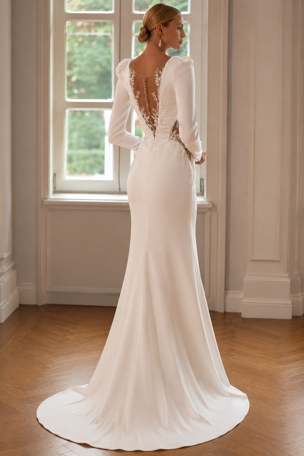 Elegant Wedding Dress Deep V-neck long Sleeves Baed Sequins Lace Sweep Train Bridal Bride Gown Women vestidos de novia