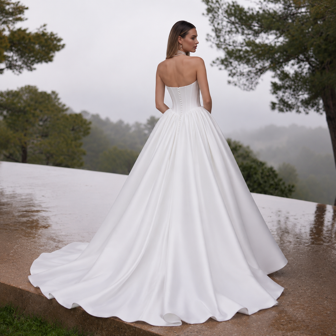 Elegant princess strapless sleeveless pleated lace up satin A-line bridal gown formal wedding dress – Pollyanna Events