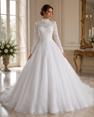 Modest Wedding Dress Lace Beads Long Sleeves Elegant High Neck With Train Princess A Line Bridal Grown Vestidos De Novia