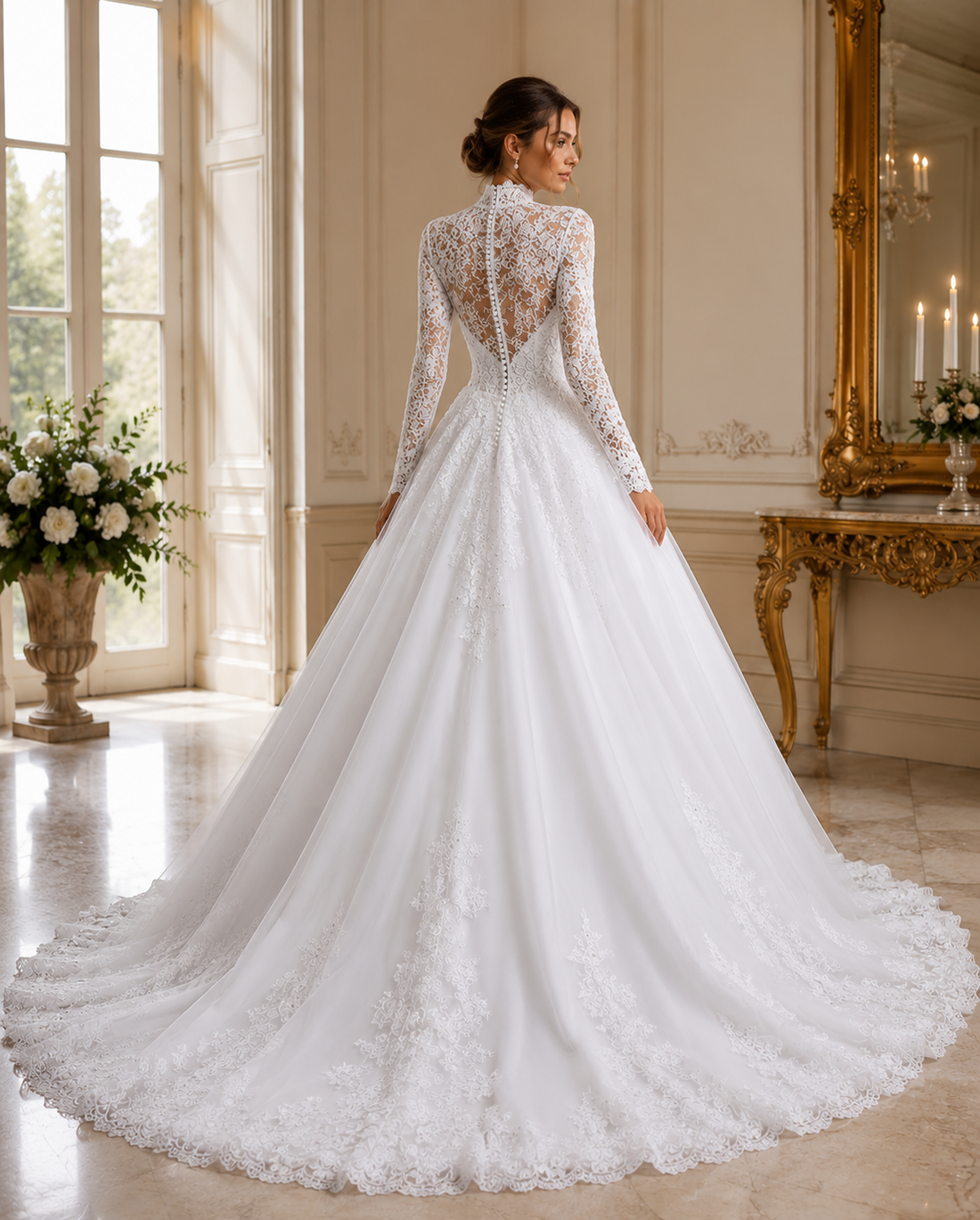 Modest Wedding Dress Lace Beads Long Sleeves Elegant High Neck With Train Princess A Line Bridal Grown Vestidos De Novia