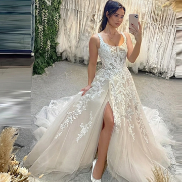 Fashion Lace Applique Wedding Dresses Sweetheart Off Shoulder Sleeveless High Split Elegant Fluffy Princess Style Bridal Gowns