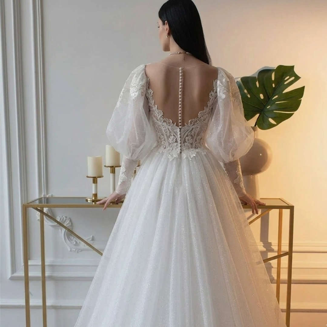Sexy Sweetheart Neck A-Line Wedding Dresses Long Puff Sleeves Bride Robe Sexy Backless Bridal Gown Appliques Vestidos De Noiva