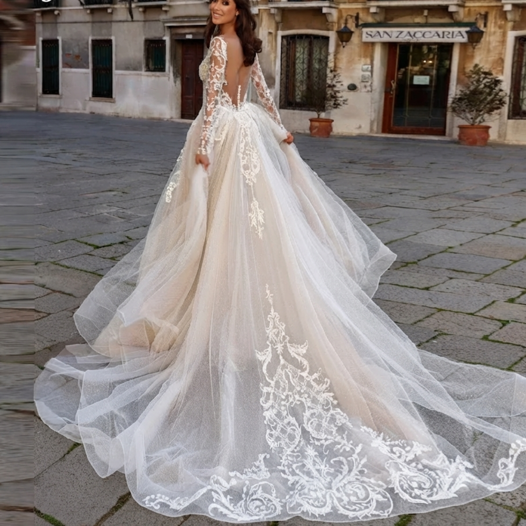 Customized Bride Dress Mermaid Detachable 2 In 1 Wedding Dress Lace  O-Neck Fullsleeve Vestido De Novia