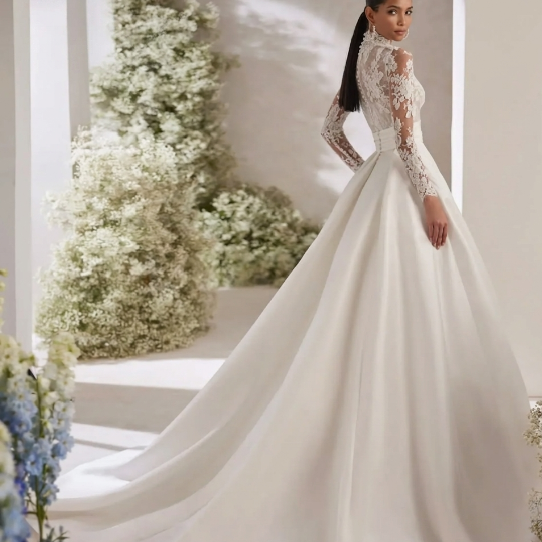 Customized Lace Appliques Wedding Dresses High Collar Long Sleeves  A-Line Bridal Gowns Party Dress  Vestidods De Novia