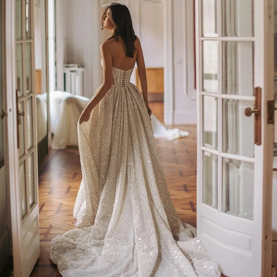 Sparkly Sequined Organza Customized Bridal Gowns Dreamy Sleeveless Sweetheart Wedding Dress Dreamy Side Slit Vestido De Novia