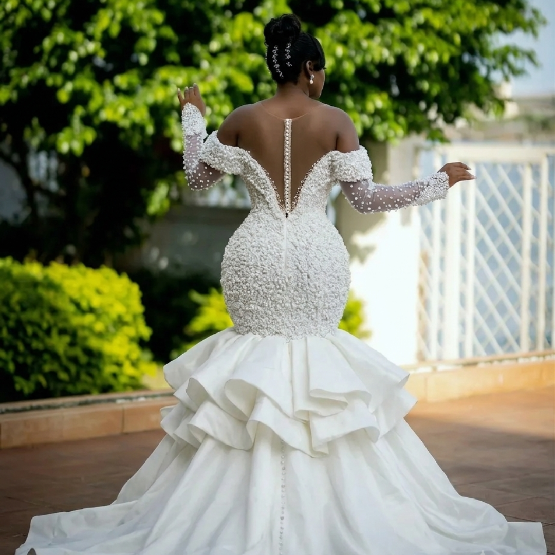 Modern Arabic Dubai off shoulder long sleeves pearls ruffles mermaid wedding dress bridal gown – Pollyanna Events