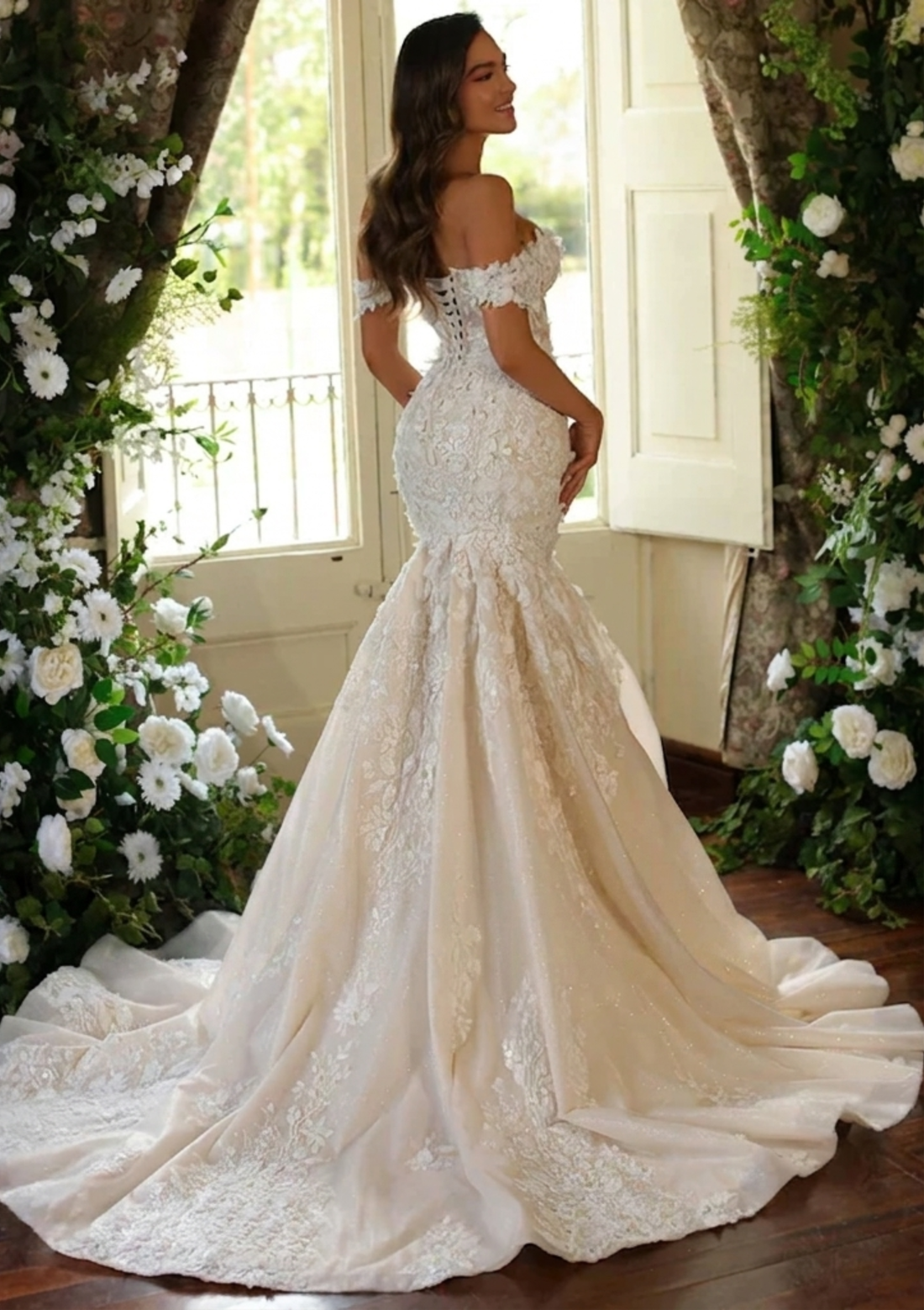 Design Romantic Sweetheat Lace Up 3D Flowers Mermaid Wedding Dress Sexy Off-Shoulder Appliques Beading Trumpet Bridal Gown