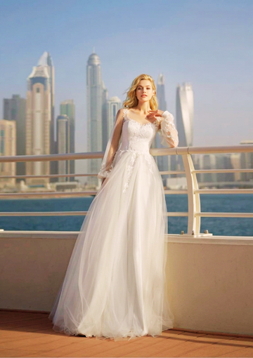 Elegant Tulle A Line Appliques Wedding Dress V-Neck Lace Up Back Long Sleeve Floor Length Bridal Gown Button Robe De Mariee
