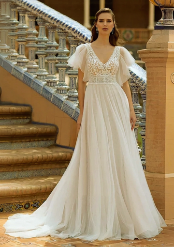 PERFECT V-neck A-Line Romantic Wedding Dress For Woman Lace Tulle Illusion Short Sleeves with Sweep Train Backless  Bridal Gowns