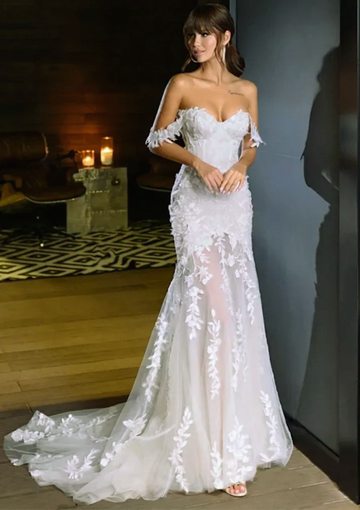 Mermaid Wedding Dress Sweetheart Appliques Off The Shoulder Zipper Back Floor Length Lace Bridal Gown New