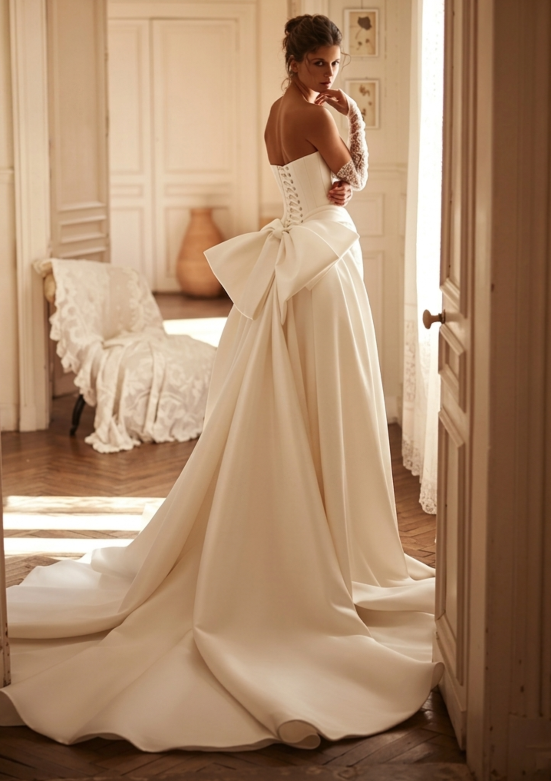 Elegant Satin Lace Mermaid Wedding Dress Detachable Overskirt with Bow Full Sleeve Corset Back Bridal Gown Customized