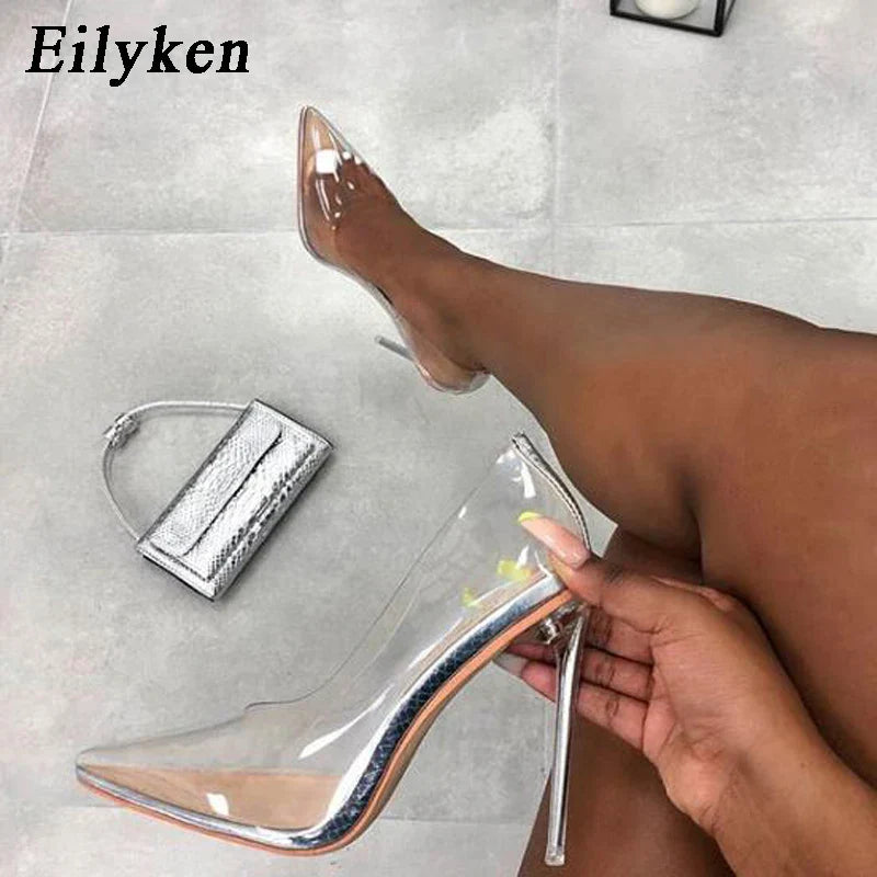 Autumn silver PVC transparent women pumps pointed toe perspex clear thin high heels wedding size 42 – Pollyanna Events