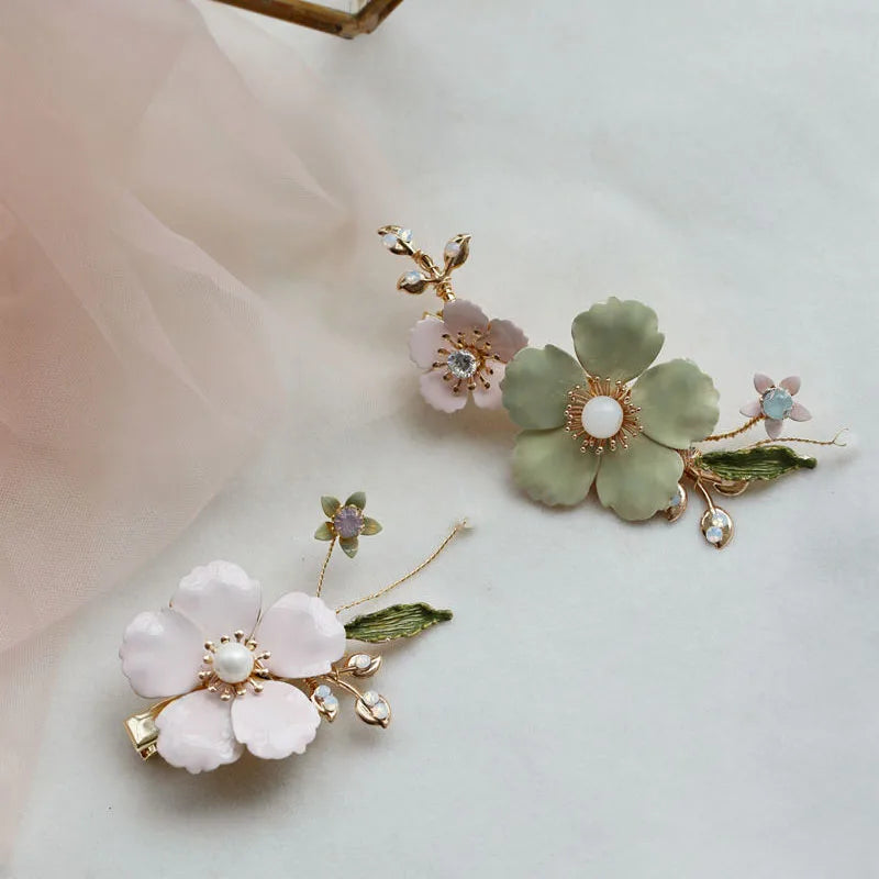 Bridal Jewelry Pink Flower Hairpins Crystal Hair Clips Pins Headpieces For Brides Women Girl Headdress Wedding Accessories