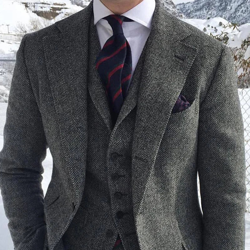 Gray wool tweed herringbone 3 piece men wedding suit groom tuxedo jacket vest pants tie formal – Pollyanna Events