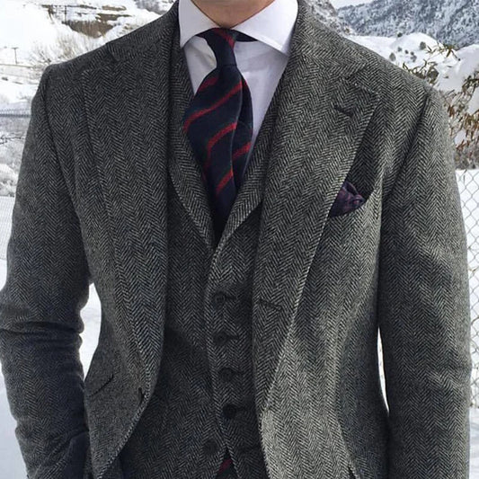 Gray Wool Tweed Winter Men Suit's voor bruiloft Formele bruidegom Tuxedo Herringband mannelijke mode 3 -delige (jas +vest +broek +stropdas)