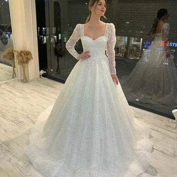 Customized Long sleeve Wedding Dress A-Line For Women Sweetheart Bridal Gowns lace Up Back Robe de Mariee Vestido de Noiva