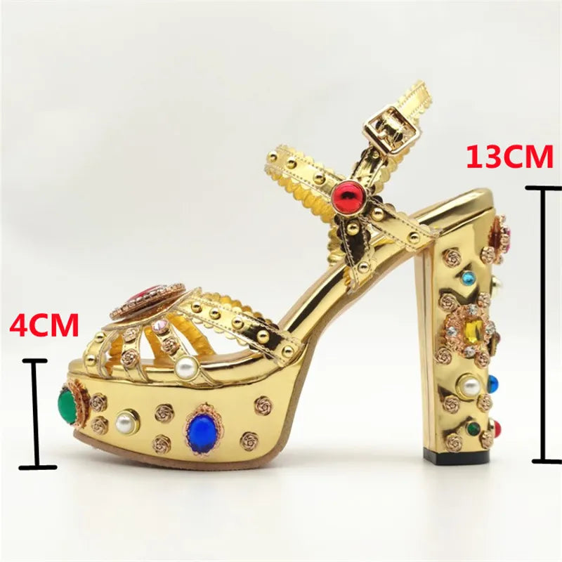 Gold genuine leather luxury crystal women sandals open toe high heel wedding platform shoes – Pollyanna Events