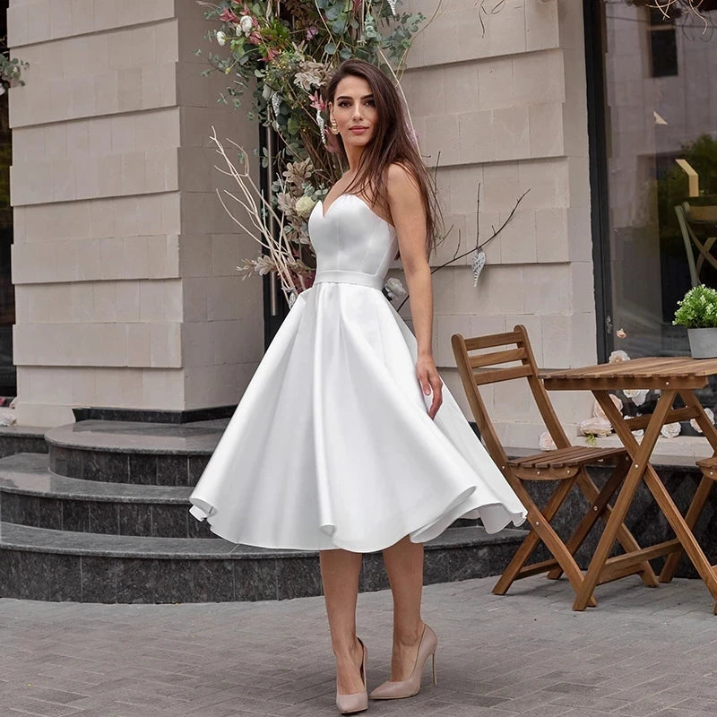 Simple Sweetheart Satin Wedding Dress 2023 Short Beach Bridal Gown Knee-Length Vestidos