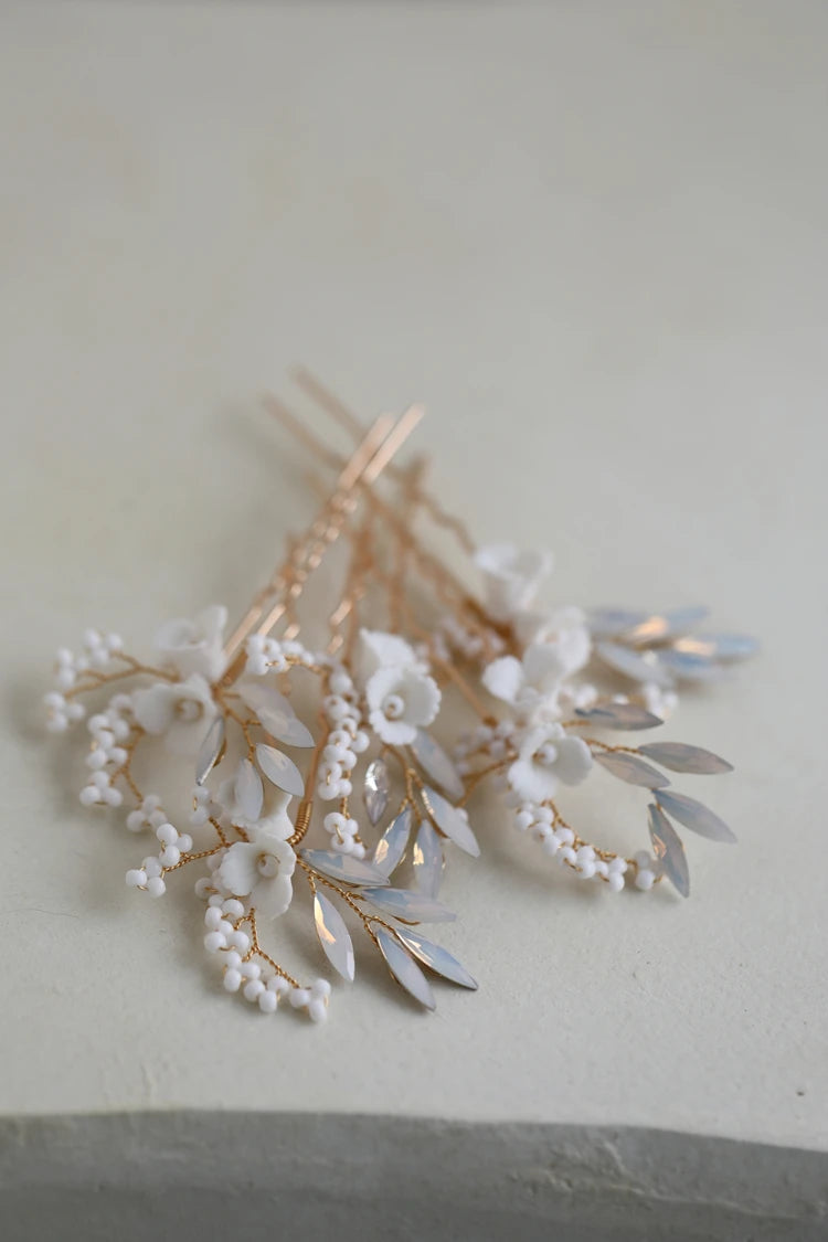 Porcelain Flower Hair Pins Clips Opal Head Pieces Gold Silver Color Hairpins For Brides Women Bridal Jewelry Wedding Accessories