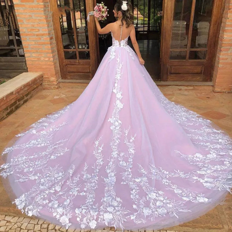 Customized  V Neck Wedding Dress Sweep Train White Appliques Robe De Mariee Dubai Arabic Abito Da Sposa Long Bridal Dresses