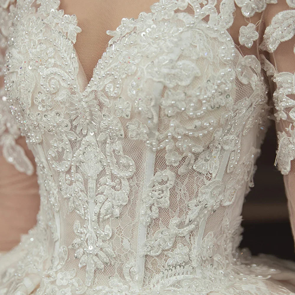 Beading Pearls Appliques Lace Illusion Princess Ball Gown Wedding Dress With Long Sleeve Vestido De Noiva Princesa