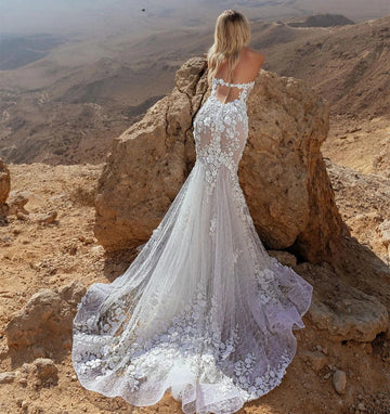 Mermaid Wedding Dresses Lace Appliques 3D Flowers Beading Crystal Boho Bride Gowns Sleeveless Backless Wedding Dress