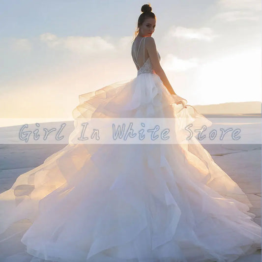 Luxe lieverd A-lijn trouwjurken geplooide kralen Court Train Backless Bridal Toga's свадебное платье Vestidos de novia
