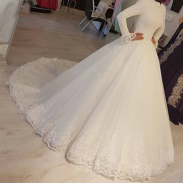 Customized White Arabic Long Sleeves Muslim Wedding Dresses Princess High Neck  Lace Appliques Bridal Dresses Robe De Mariage
