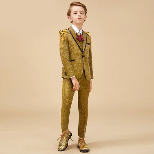 Golden Children's Boy Sosit Blazers Sngands Suits mariage dans le grand enfant Flower Girl British Robe Bling Jacket Garcon