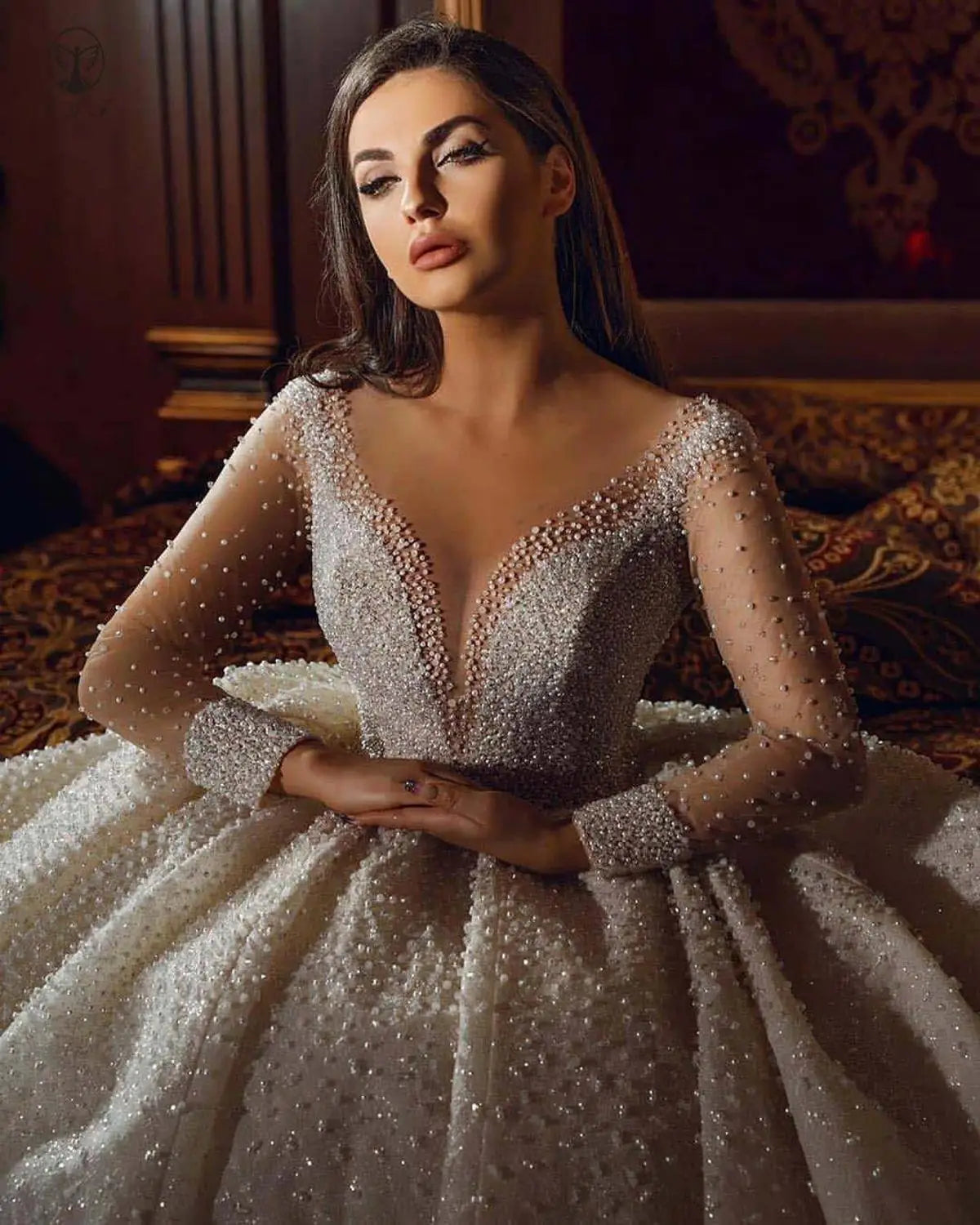 Luxury Robe De Mariee Illussion O Neck Beaded Pearls Long Sleeve Pleated Bling Bling Ball Gown Wedding Dresses
