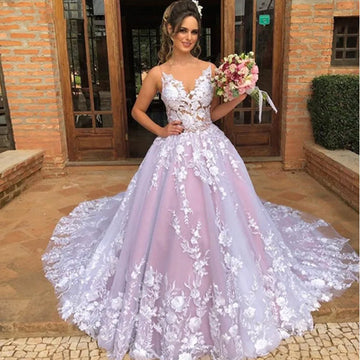 Customized  V Neck Wedding Dress Sweep Train White Appliques Robe De Mariee Dubai Arabic Abito Da Sposa Long Bridal Dresses