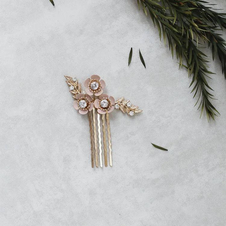 Gold Color Hair Combs Clip Flower Leaf Hairpins For Brides Head Pieces Rhinestones Headdress Bridal Jewelry Wedding Accessories