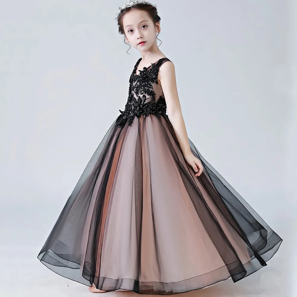 Tulle fleurs filles robe de mariage fête princesse robe enfants appliques en dentelle robe de fête d'anniversaire vestide pour enfants