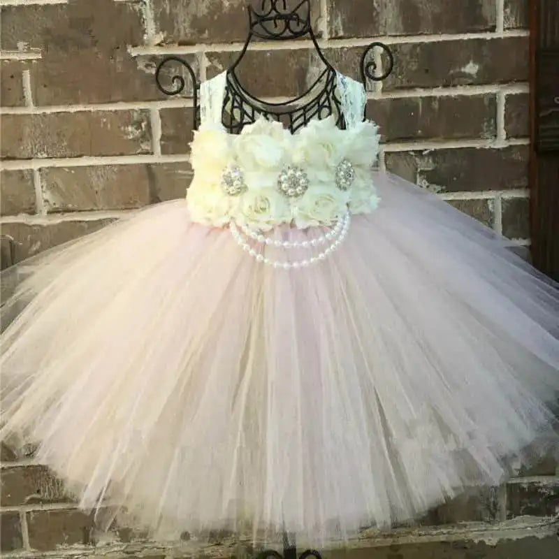 Fleur minable avec perles strass fleur fille fille tutu robe tulle filles robe de fête de mariage enfants robes de bal robes en tulle robes