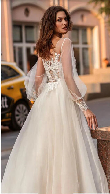 SoDigne Bohemian Wedding Dress Long Puff Sleeves Lace Appliques Princess Bridal Dress Boho Wedding Party Gown 2022