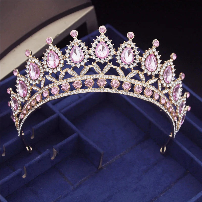 Gorgeous Pink Crystal Water drop Tiaras and Crowns Bridal Hairband Girls Birthday Party Wedding Hair Jewelry Accessories