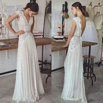 Boho Wedding Dresses 2025 Bohemian Wedding Gowns with Cap Sleeves V Neck Open Back Pleated Skirt Elegant A line Gown Customized