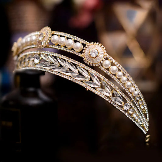 Baroque Luxury Gold Color Crystal Pearls Bridal Tiaras Crowns Rhinestone Pageant Diadem Bride Headband Wedding Hair Accessories