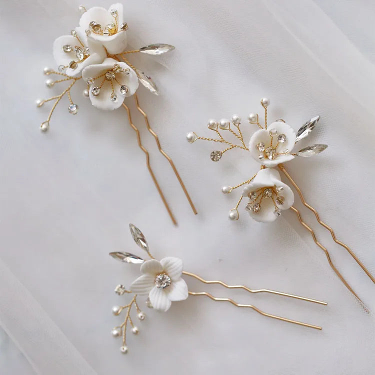 Wedding Accessories Rhinestones Crystal Head Pieces Porcelain Flower Hair Pins Clips Hairpins Brides Headdress Bridal Jewelry