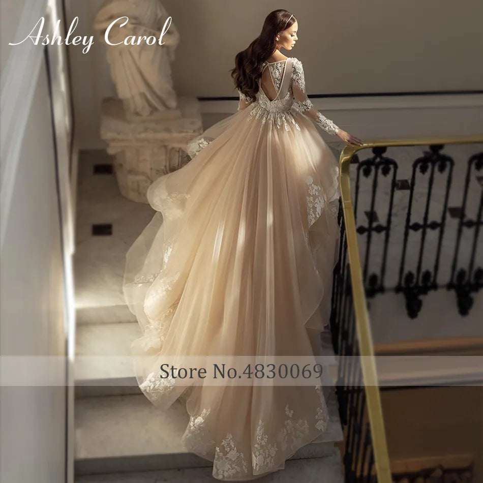 Luxury Wedding Dresses For Women 2024 Glamorous Princess V-Neckline Appliques Wedding Gown Vestidos De Novia champagne