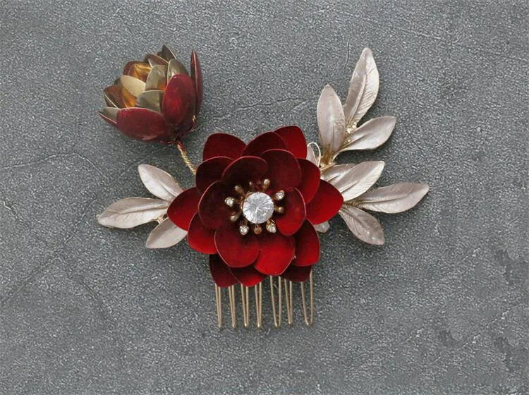 Bridal Jewelry Red Flower Hair Combs Pins Clips Crystal Rhinestones Hairpins Head pieces Brides Headdress Wedding Accessories