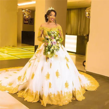 Customized African Black Girls White with Gold Lace Wedding Dresses Long Sleeves Beaded Appliques Tulle Long Sleeves Bridal Gown