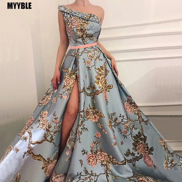 Sexy One Shoulder Side Split Prom Dresses 2020 Floral Print Crystal Beaded Party Gowns With Sash Long Women Formal Evening Dress