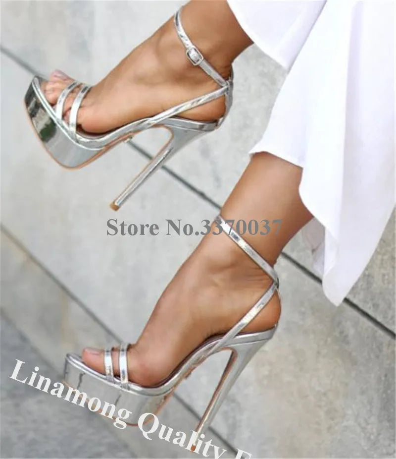 Elegant open toe high platform stiletto heel sandals gold silver straps cross high heel formal dress – Pollyanna Events