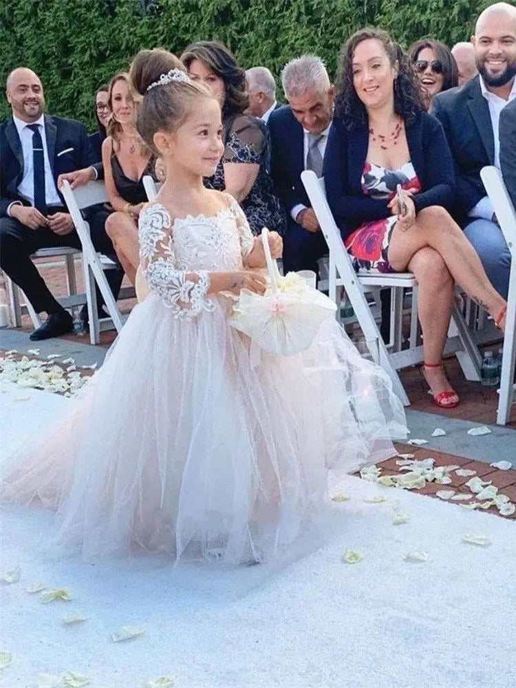Cute Ball Gown Bow Back Flower Girl Dresses For Weddings Appliques Long Sleeves Princess Tulle Girl's Ceremonial Dress Vestido