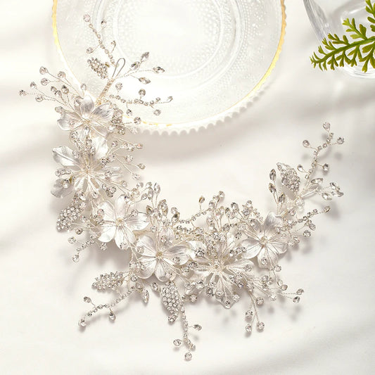 Düğün Kafa Bandı Gümüş Renk Kristal Tiara El Yapımı Gelin Headdress Çiçek Yaprağı Saç Mücevher Kafası Gelin Saç Aksesuarları