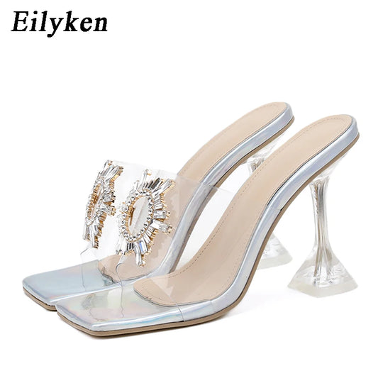 Eilyken pvc transparente cristal sol flores hebillas zapatillas para mujeres 2024 tacones cuadrados de verano tacones altos sandalias damas zapatos